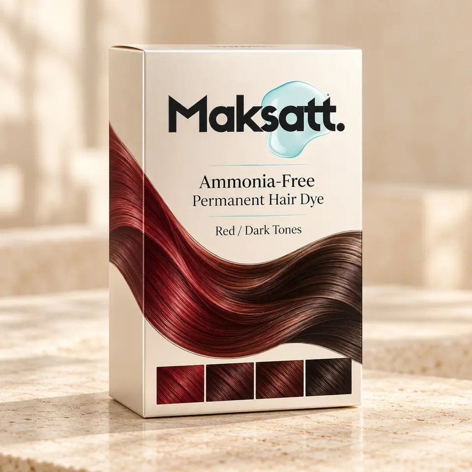 Ammonia-Free Permanent Hair Dye (Red/Dark Tones) — digital packaging concept, view 1 of 3