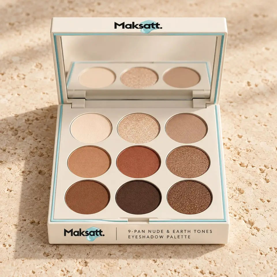 9-Pan Nude and Earth Tones Eyeshadow Palette — digital packaging concept, view 1 of 3