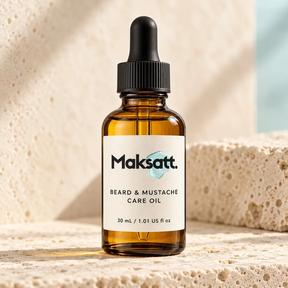 Men's Beard and Mustache Care Oil — digital packaging concept, view 1 of 3