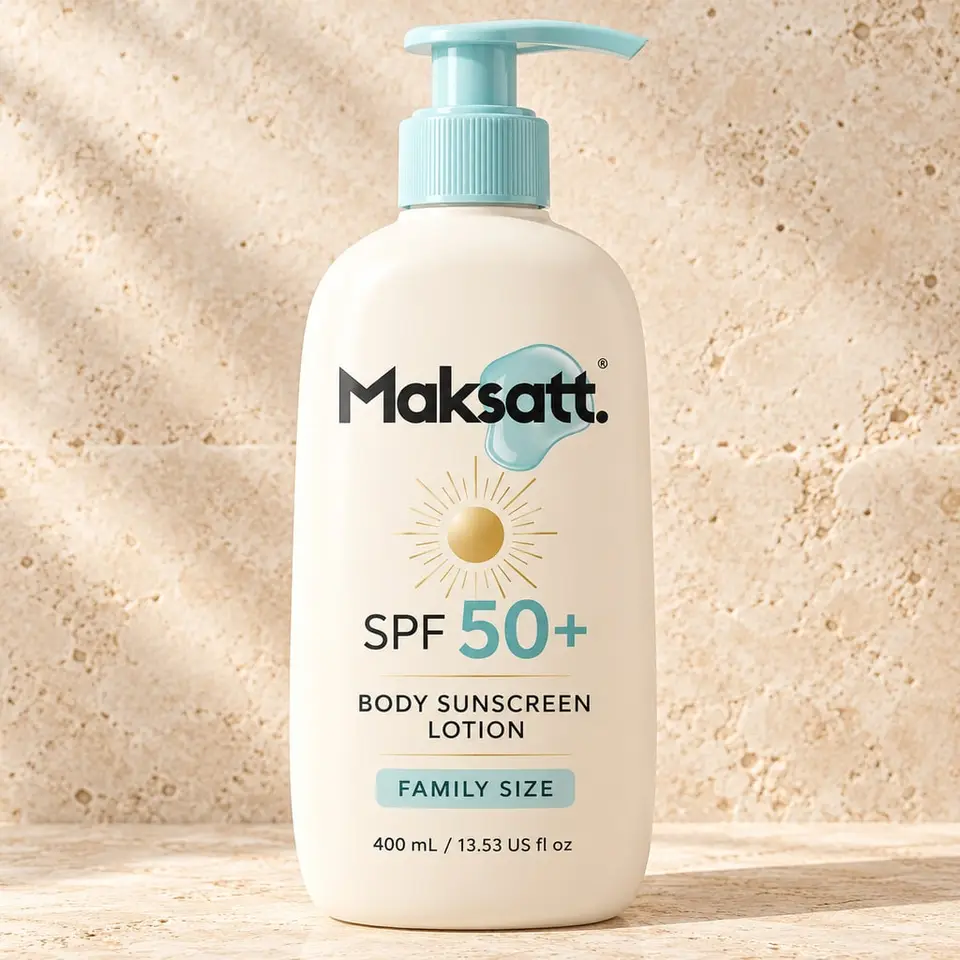 50+ SPF Body Sunscreen Lotion (Family Size) — digital packaging concept, view 1 of 3