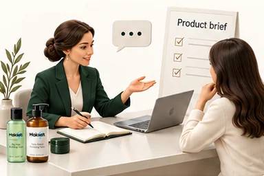 Illustration: a MAKSATT advisor talks a client through a product brief at a desk.