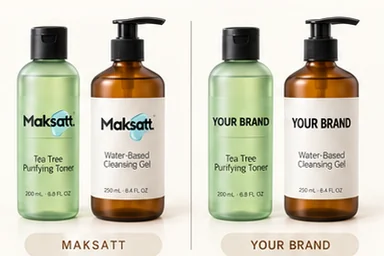 Illustration: Tea Tree Purifying Toner and Water-Based Cleansing Gel in MAKSATT packaging, beside the same two products labelled YOUR BRAND.