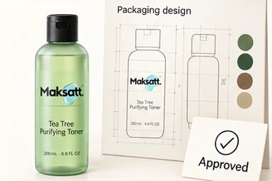 Illustration: a finished Tea Tree Purifying Toner next to its packaging design artwork marked Approved.
