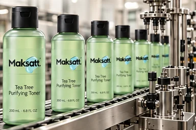 Illustration: Tea Tree Purifying Toner bottles moving along a production line.