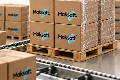 Illustration: shipping cartons with the MAKSATT logo stacked and stretch-wrapped on pallets.
