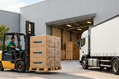 Illustration: a forklift brings palletised cartons to a truck at the factory handover point.